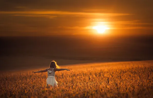 Field, the sun, dress, girl, bokeh, balance