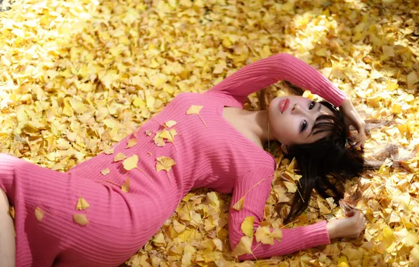 Picture leaves, girl, face, dress, lies