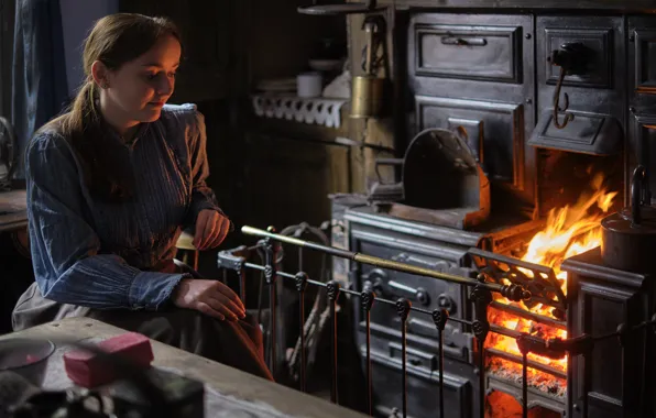 Girl, old, fire, stove