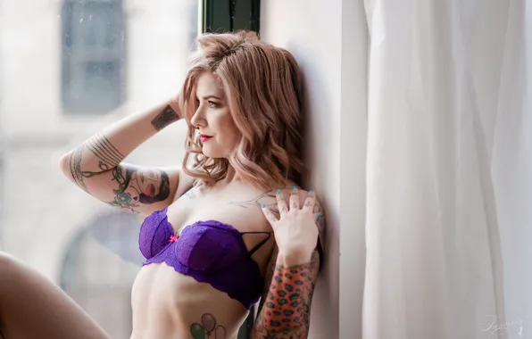 Girl, pose, makeup, piercing, tattoo, hairstyle, beautiful, sitting