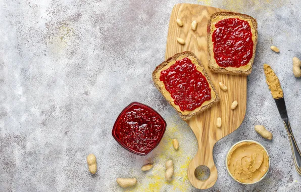 Bread, knife, nuts, jam, peanuts, sandwiches, raspberry, cutting Board