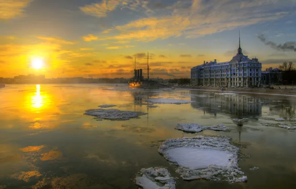Picture winter, Saint Petersburg, Aurora, cruiser
