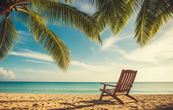 Beach, palm trees, the ocean, Wallpaper, art, chaise, wallpaper, beach