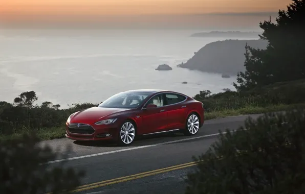 Road, the sky, red, sedan, the front, Tesla, Tesla, Model