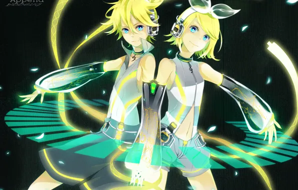 Children, anime, headphones, art, two, bow, Vocaloid, Vocaloid