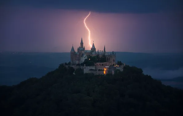 Picture the storm, the sky, castle, lightning