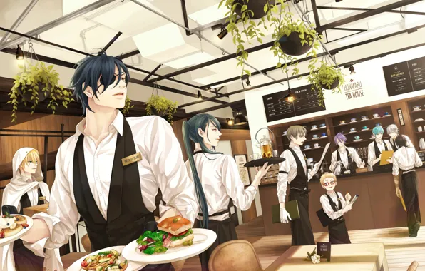 Anime, art, restaurant, guys, the waiters, Touken ranbu