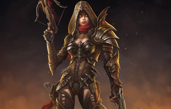 Picture girl, art, hood, Diablo III, crossbow, Demon Hunter, Reaper of Souls