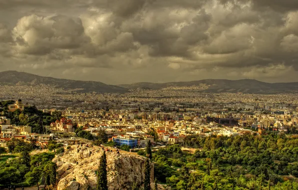 Trees, landscape, mountains, clouds, home, Greece, panorama, Acropolis