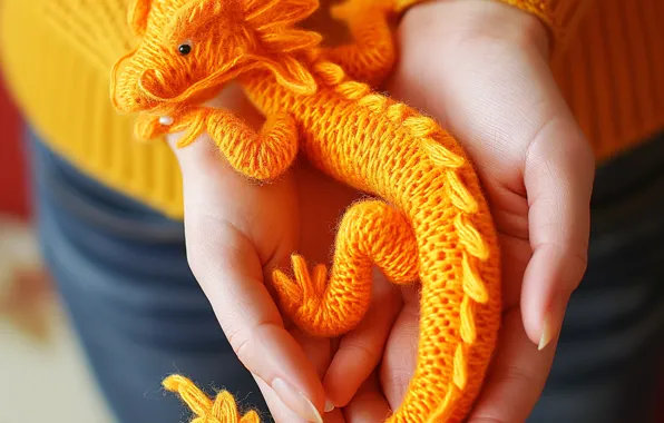 Girl, orange, dragon, toy, hands, dragon, sweater, symbol of the year