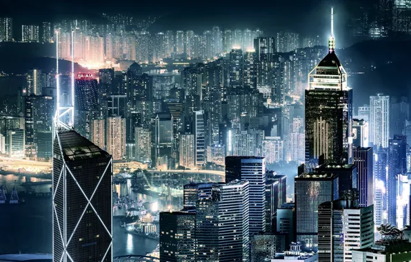 Night, the city, lights, the evening, China, Hong Kong