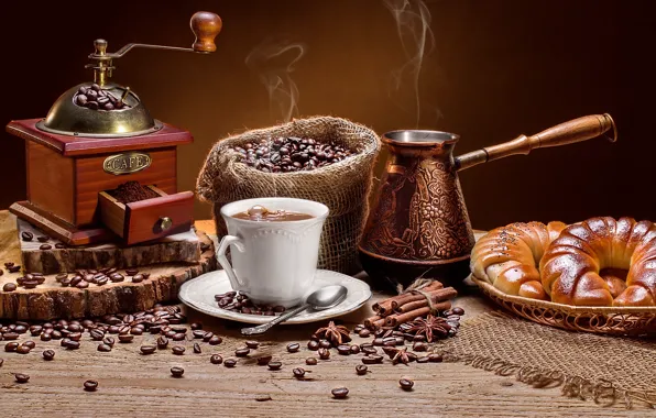Coffee, grain, Cup, coffee, bun, Turk, coffee grinder
