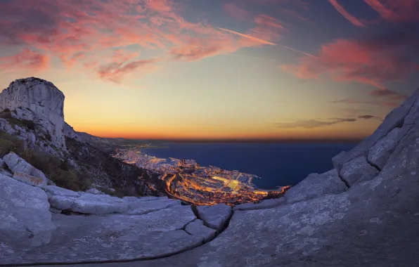 Sea, sunset, the city, lights, panorama, Monaco