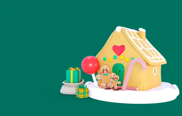 Rendering, men, cookies, Christmas, cane, gifts, New year, house