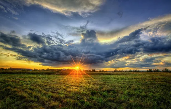 Picture field, the sky, the sun, clouds