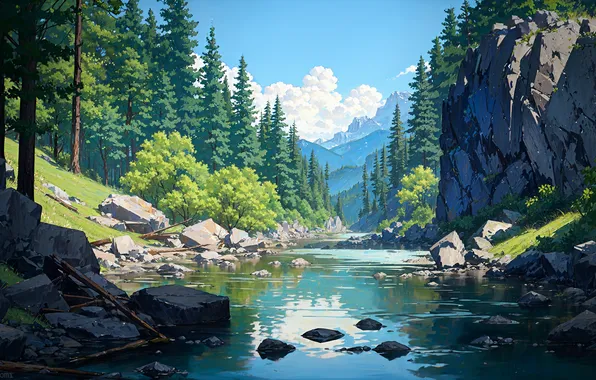 Picture water, trees, mountain, pixels