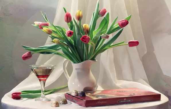 Picture holiday, wine, glass, bouquet, candy, tulips, still life