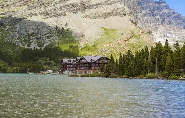 Picture forest, trees, mountains, lake, house, rocks, shore, USA