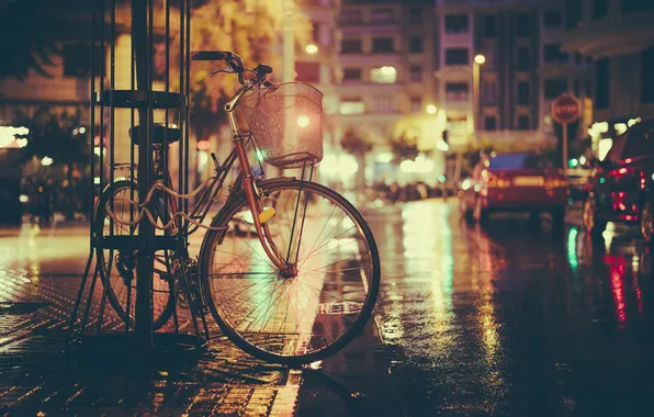 Picture night, bike, lights, street, shadow, the sidewalk, cars