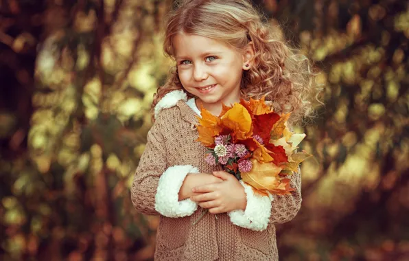 Picture leaves, face, child, girl, smiley, bokeh, child