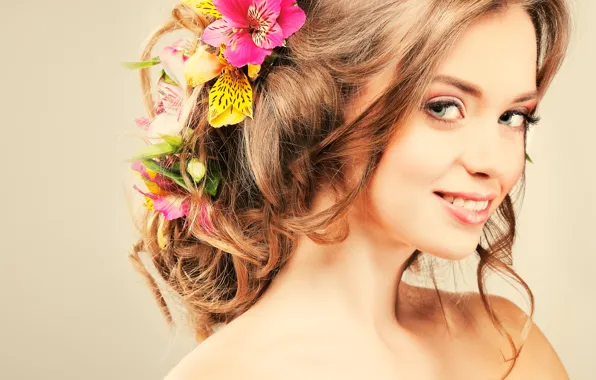 Picture eyes, look, girl, flowers, face, smile, hair, hairstyle