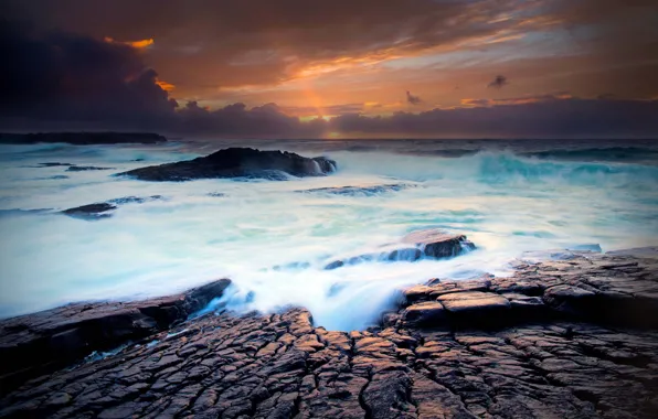 Wave, autumn, clouds, sunset, rocks, excerpt, Claire, Ireland