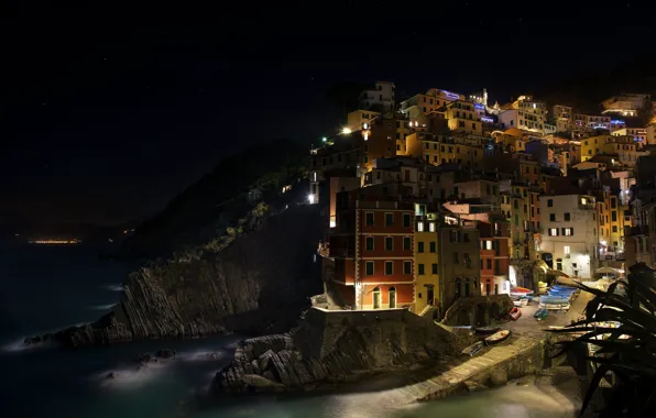 Sea, light, night, the city, lights, darkness, stones, rocks