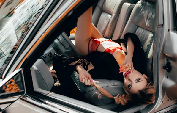 Boobs, smile, model, cadillac, women, brunette, red lingerie, red panties