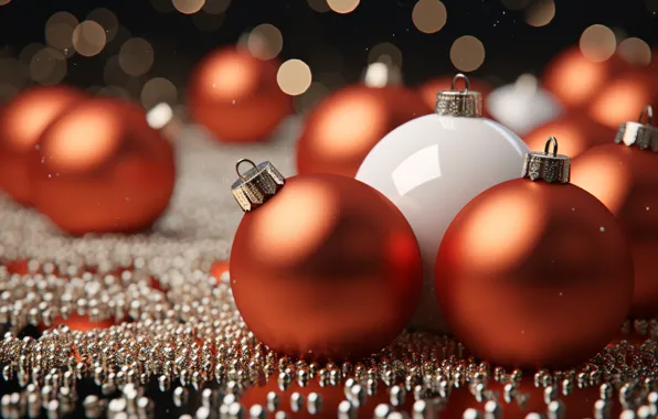White, balls, surface, the dark background, Shine, ball, Christmas, New year