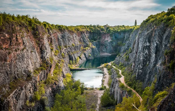 Road, river, stones, cliffs