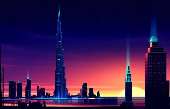 Sunset, The sun, Vector, The city, Style, Skyscrapers, Building, The building
