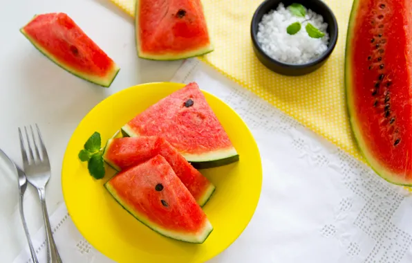 Watermelon, mint leaves, mint leaves, watermelon slices of watermelon, slices of watermelon