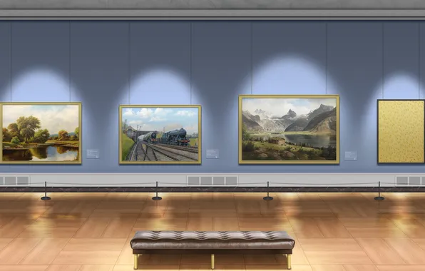 Bench, floor, oil painting, art gallery, picture frmae