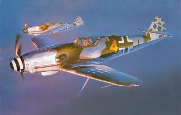 The sky, war, fighter, Art, Messerschmitt, German, piston, single-engine