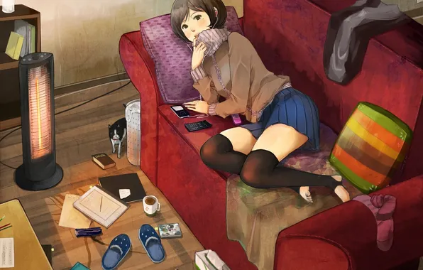 Picture cat, cat, girl, room, sofa, stay, books, pillow