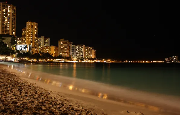 Wave, beach, night, the city, lights, the ocean, Hawaii