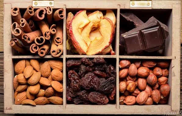 Picture box, apples, chocolate, nuts, cinnamon, almonds, hazelnuts, raisins
