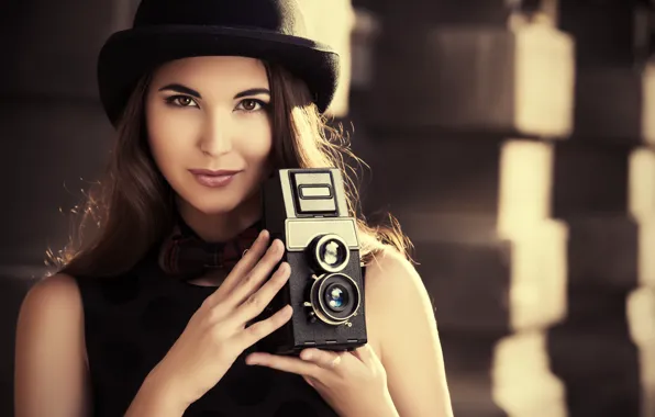 Picture girl, hat, the camera, outfit, girl, dress, hat, camera