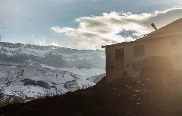 Cold, freedom, snow, landscape, mountains, house, journey