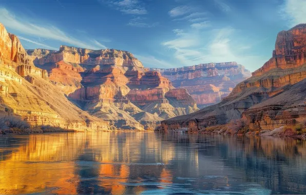 Mountains, fog, lake, reflection, rocks, shore, haze, canyons