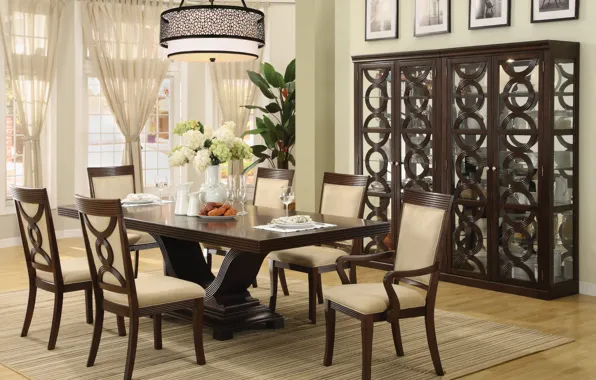 Wallpaper room, chandelier, interior, table, furniture, dining room