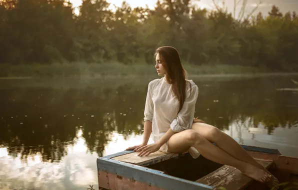Picture forest, trees, pose, river, model, boat, portrait, makeup