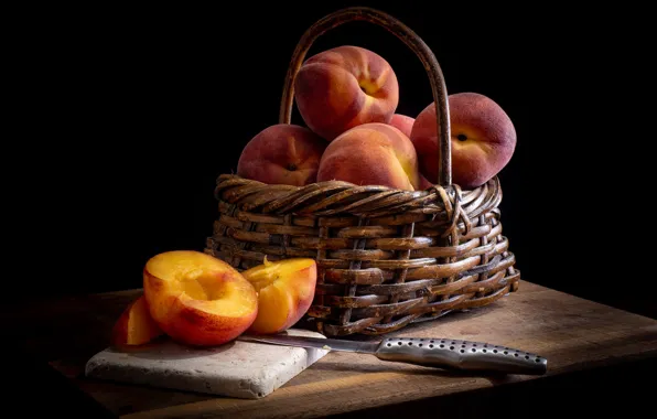 Table, Board, knife, black background, still life, basket, peaches, slices