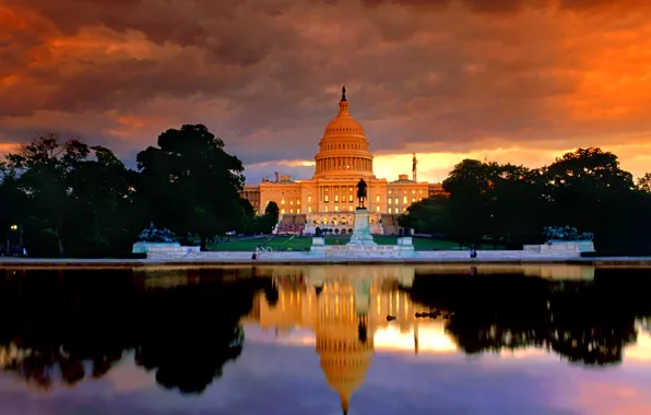 The sky, clouds, trees, sunset, the building, monument, the dome