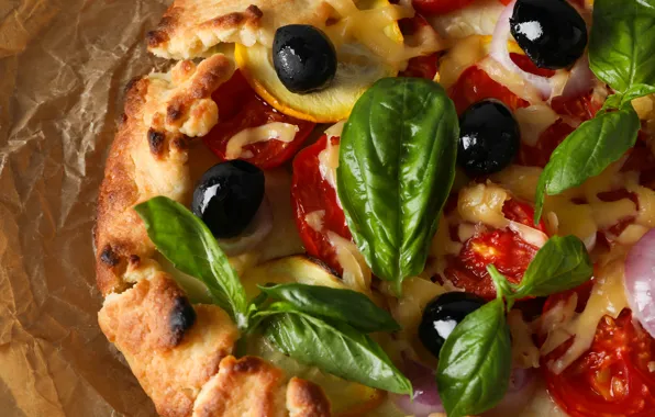 Pizza, tomatoes, olives, Basil