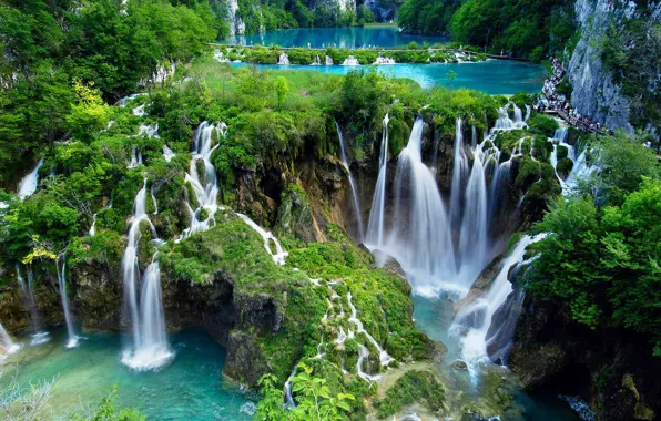 Picture forest, waterfall, Croatia, Plitvice lakes