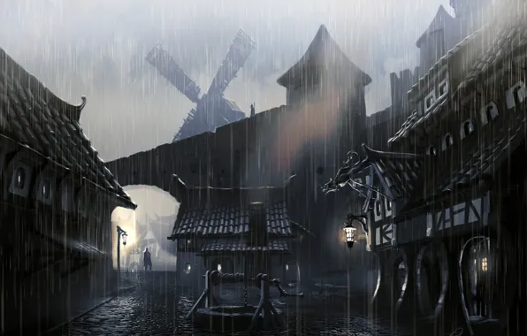 Picture the city, rain, people, pavers, lights, well, mill, Skyrim