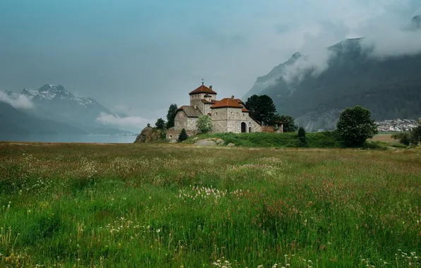Wallpaper mountains, fog, architecture, trees, shore, castle, pond, haze