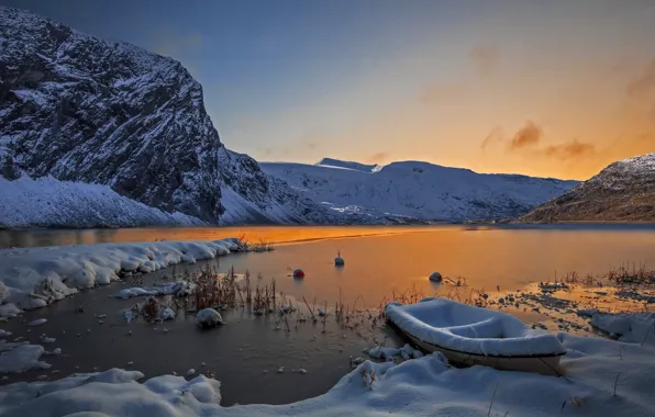 Winter, lake, boat, morning