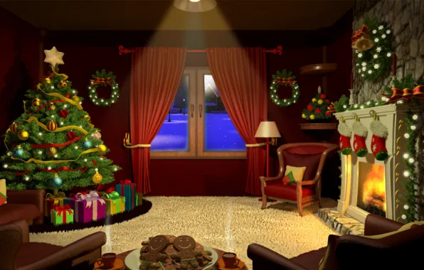 Night, room, mood, art, gifts, New year, tree, Merry Christmas